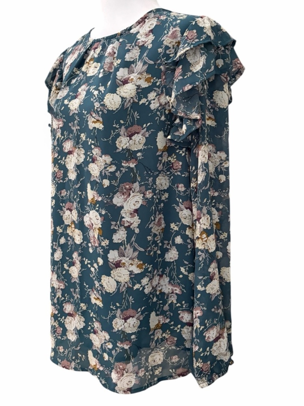 Hayden Los Angeles Teal Floral Blouse Ruffle Spring Cottagecore Romantic Medium - Picture 3 of 7
